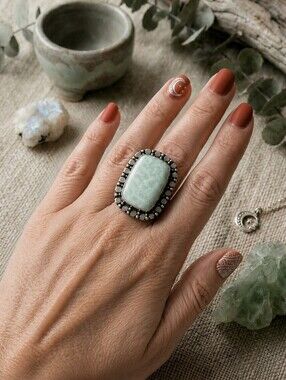 Amazonite Statement Ring 925 Sterling Silver Beaded Halo Santa Fe Boho Size 8.5
